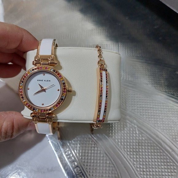 ANNE KLEIN Women's Quartz Rose Gold Premium Crystal Accented Watch Bracelet SET - Picture 3 of 12